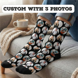 Custom 3 Photos Pattern Black Socks