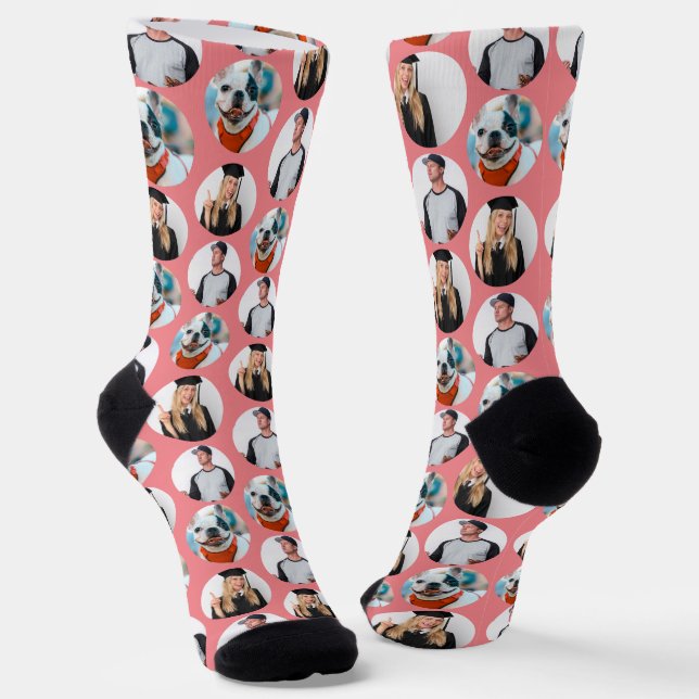 Custom 3 Photos Pattern Pink Socks (Angled)