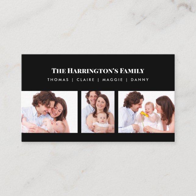 Custom 3 Sections Family Photo Collage Black Frame Business Card (Front)