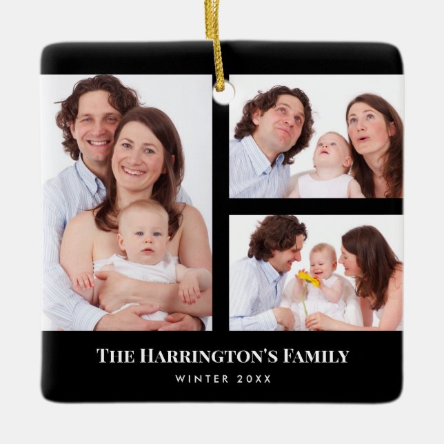 Custom 3 Sections Family Photo Collage Black Frame Ceramic Ornament (Front)