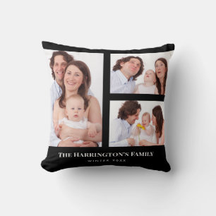 Custom 3 Sections Family Photo Collage Black Frame Cushion