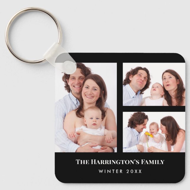 Custom 3 Sections Family Photo Collage Black Frame Key Ring (Front)
