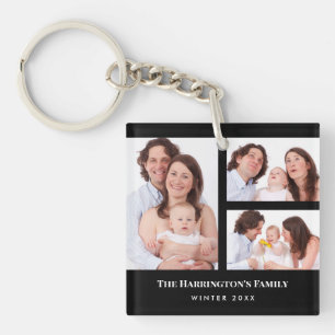Custom 3 Sections Family Photo Collage Black Frame Key Ring