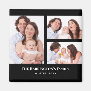 Custom 3 Sections Family Photo Collage Black Frame Magnet