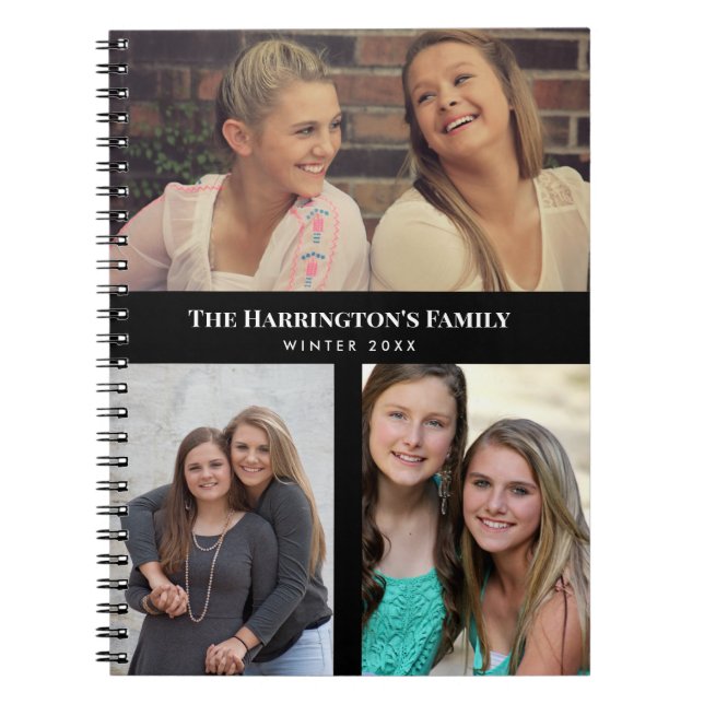 Custom 3 Sections Family Photo Collage Black Frame Notebook (Front)
