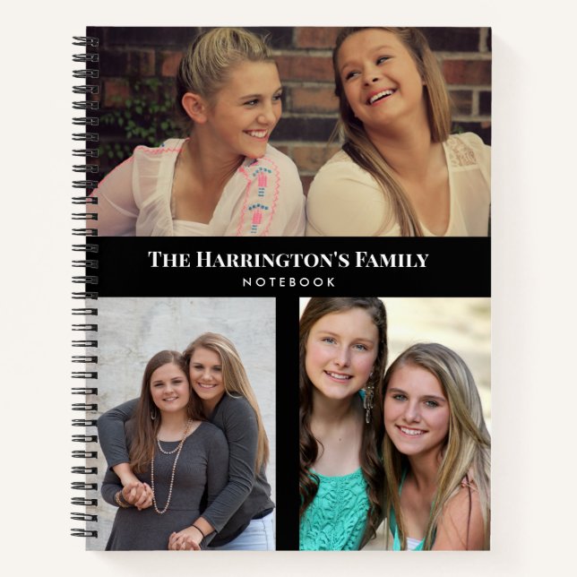 Custom 3 Sections Family Photo Collage Black Frame Notebook (Front)