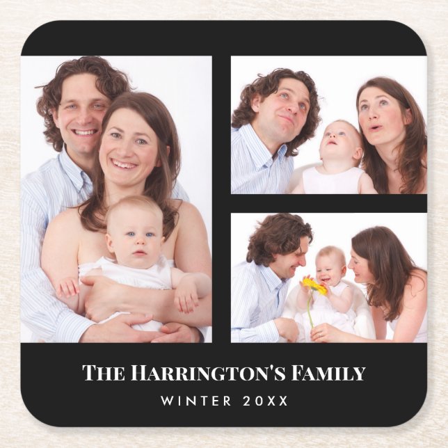 Custom 3 Sections Family Photo Collage Black Frame Square Paper Coaster (Front)