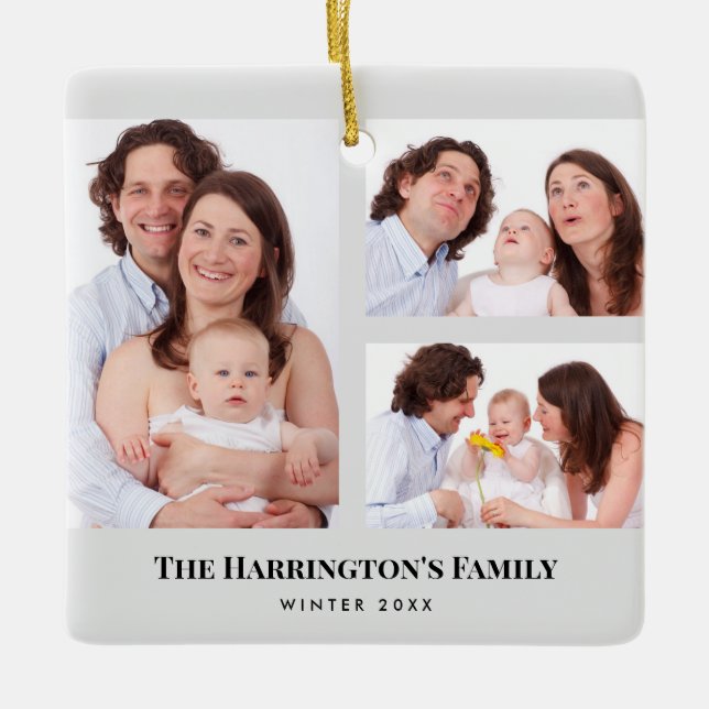 Custom 3 Sections Family Photos Collage Gray Frame Ceramic Ornament (Front)