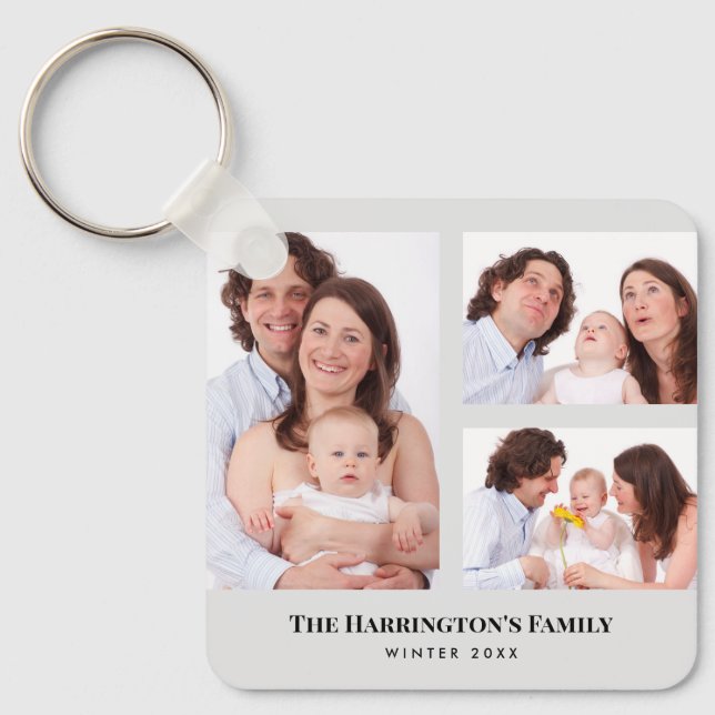 Custom 3 Sections Family Photos Collage Gray Frame Key Ring (Front)