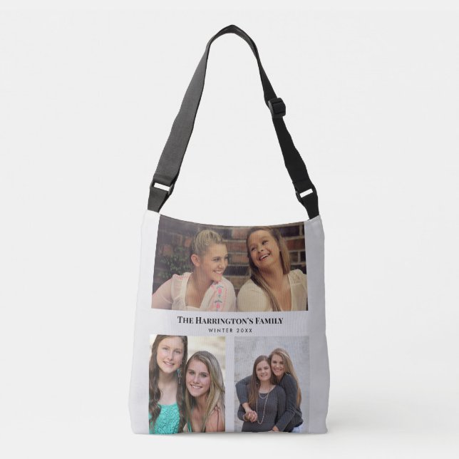 Custom 3 Sections Family Photos Collage Grey Frame Crossbody Bag (Front)