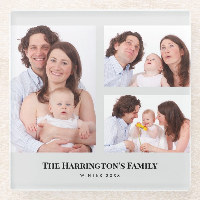 Custom 3 Sections Family Photos Collage Grey Frame Glass Coaster (Front)