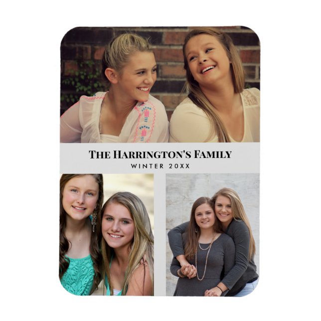 Custom 3 Sections Family Photos Collage Grey Frame Magnet (Vertical)