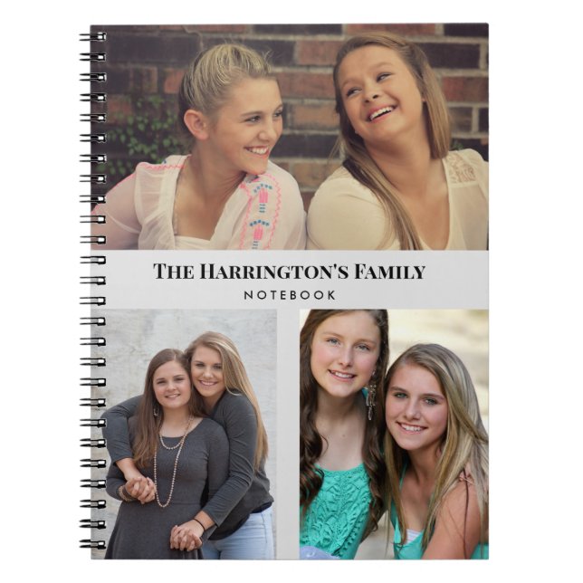 Custom 3 Sections Family Photos Collage Grey Frame Notebook (Front)