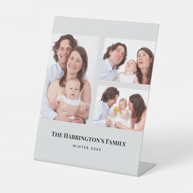 Custom 3 Sections Family Photos Collage Grey Frame Pedestal Sign (Front)