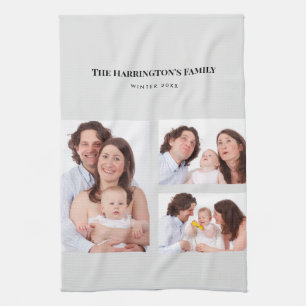 Custom 3 Sections Family Photos Collage Grey Frame Tea Towel