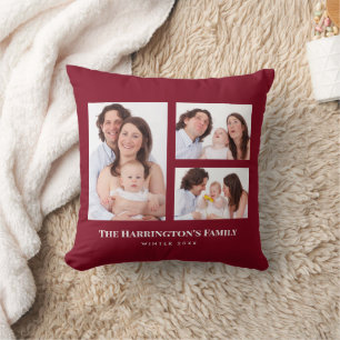 Custom 3 Sections Family Photos Collage Red Frame Cushion
