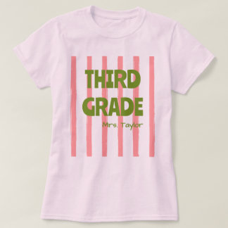 Custom 3rd Grade School Stripes Teacher Name Pink T-Shirt