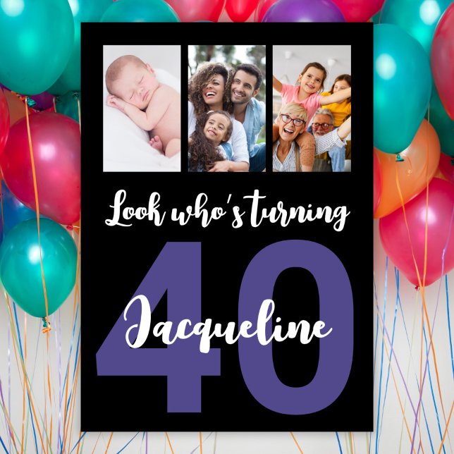 Custom 40th Birthday Black Script Photo Collage Invitation (Creator Uploaded)