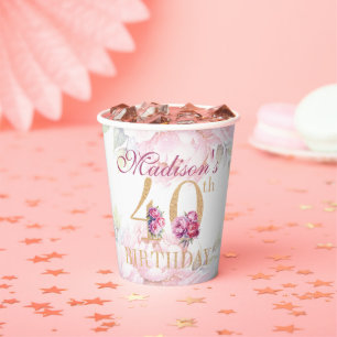 Custom 40th Birthday Floral Pink Gold Glitter Paper Cups