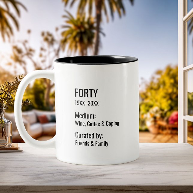 Custom 40th Birthday Fun Museum Label Inside Joke Two-Tone Coffee Mug (Creator Uploaded)