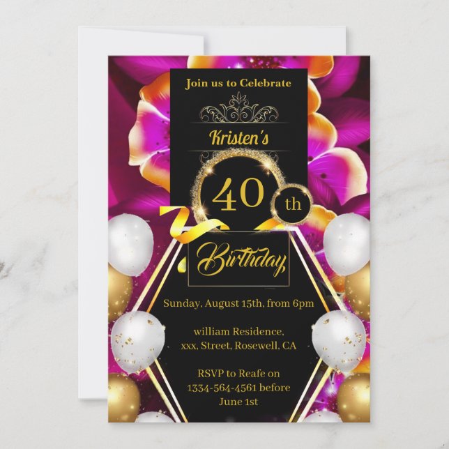 Custom 40th Birthday Invitation (Front)