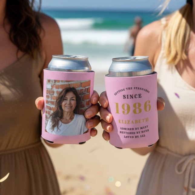Custom 40th Birthday Pink Gold With Photo Can Cooler (two pink 40th birthday can coolers with beach background.)