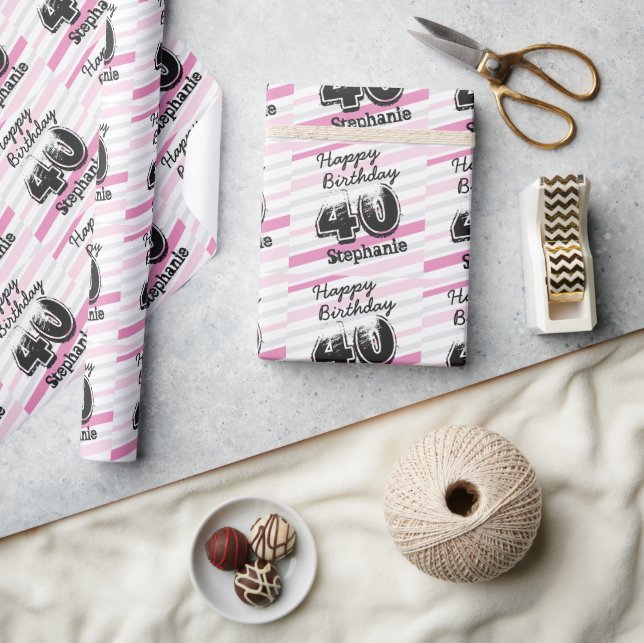 Custom 40th Birthday Pink Striped Wrapping Paper (Crafts)