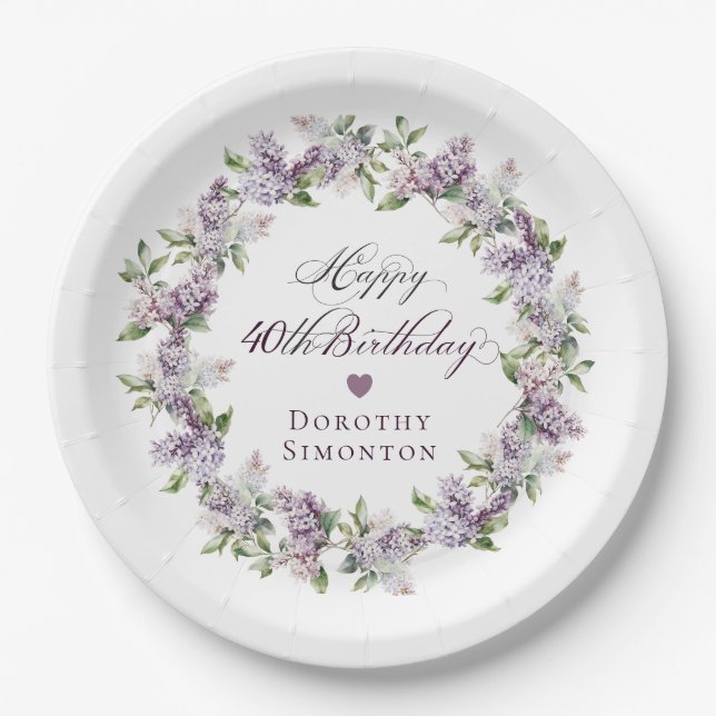 Custom 40th Birthday Purple Lilac Spring Flower Paper Plate (Front)