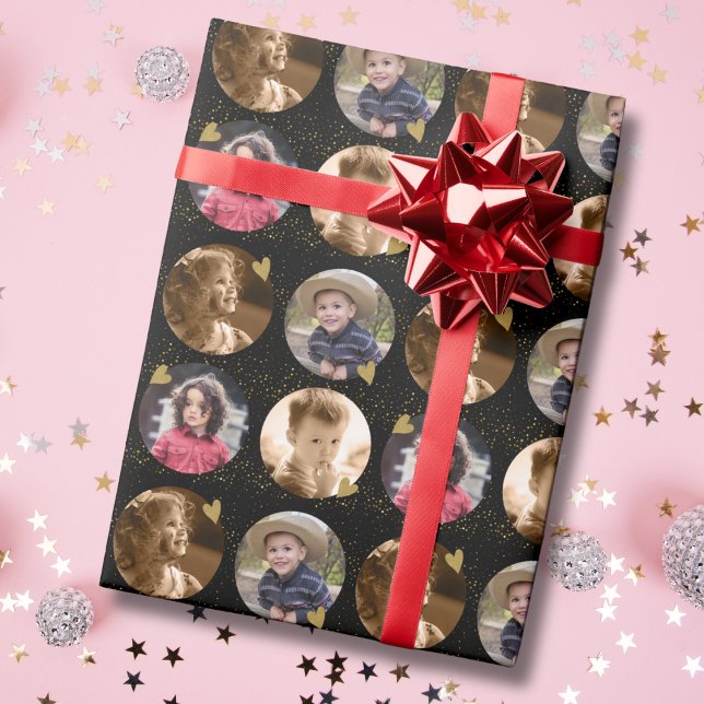 Custom 4 Circle Photo Collage Black And Gold Wrapping Paper (Creator Uploaded)