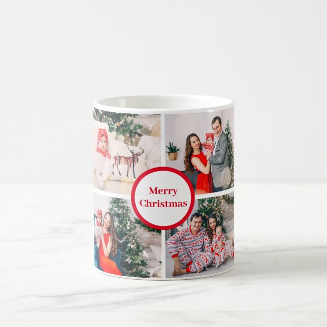 Custom 4 Family Photo Collage Merry Christmas Gift Coffee Mug (Center)