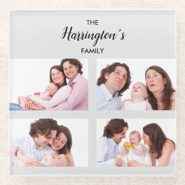 Custom 4 Family Photos Collage Rectangle Frame Glass Coaster (Front)