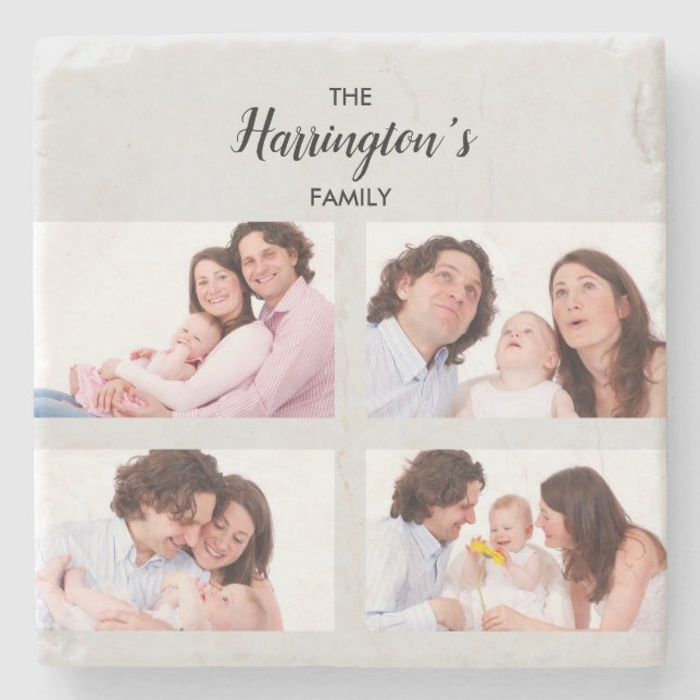 Custom 4 Family Photos Collage Rectangle Frame Stone Coaster (Front)