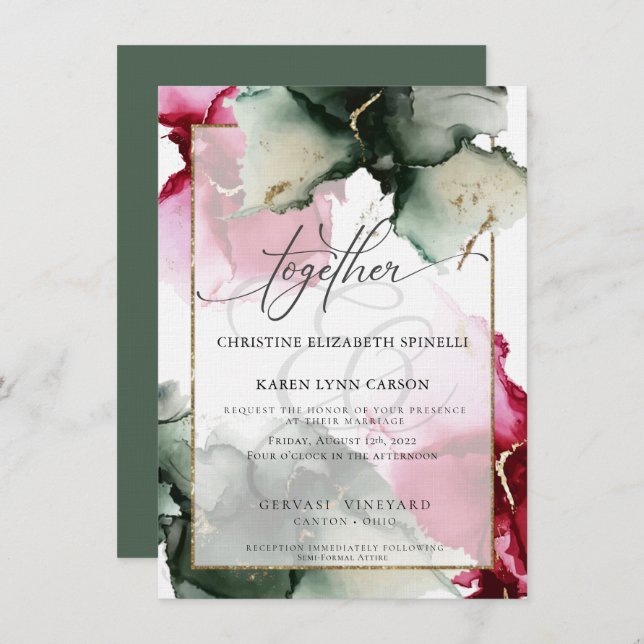 CUSTOM 4 Fuchsia and Sage Green Watercolor Invitation (Front/Back)