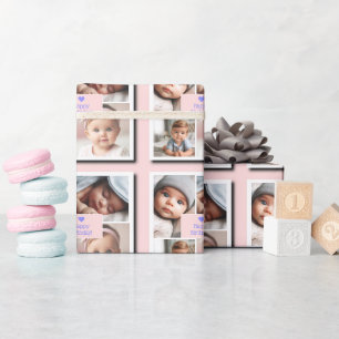 Custom 4-Photo Baby Birthday, Shower, Pink, Purple Wrapping Paper