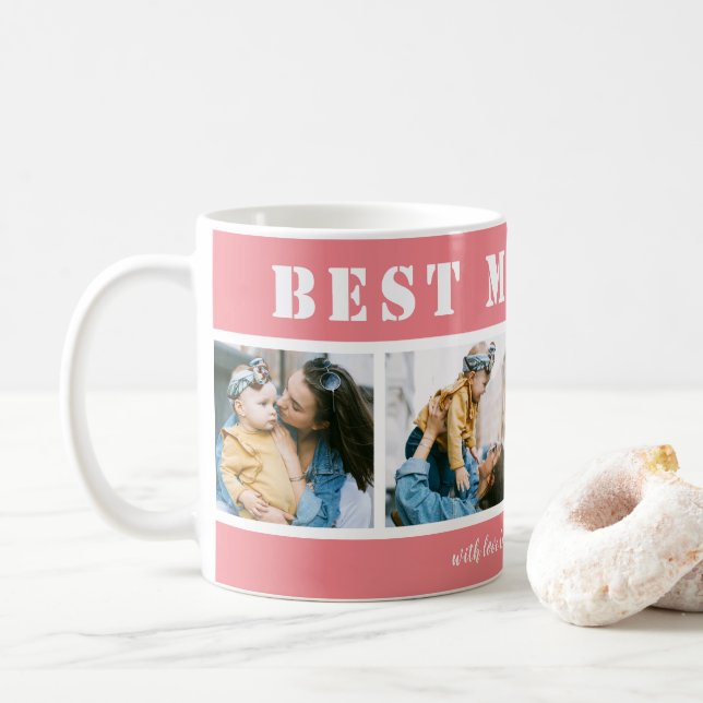 Custom 4 Photo Best Mum Ever Pink Coffee Mug (With Donut)