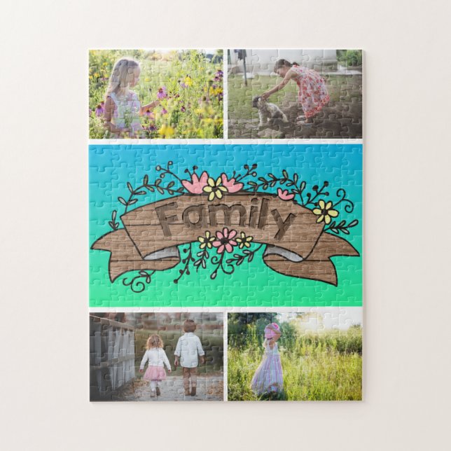 Custom 4 Photo/ Blue Green Rustic Family Floral Jigsaw Puzzle (Vertical)