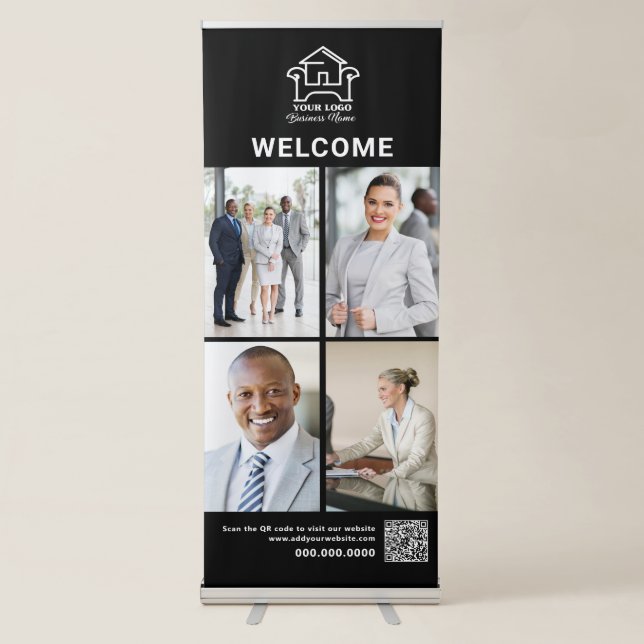 Custom 4 Photo Business Logo Professional QR Code Retractable Banner (Front)