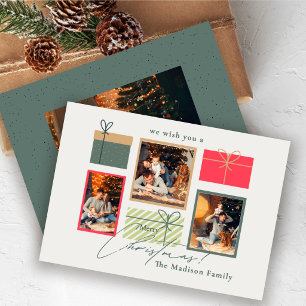 Custom 4 Photo Christmas Card   Modern Red Green