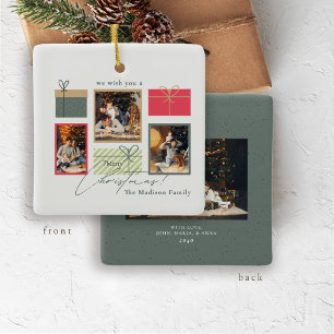 Custom 4 Photo Christmas Card   Rustic Red Green Ceramic Ornament