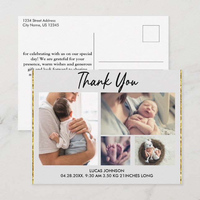 Custom 4 Photo Collage Baby Thank You Postcard (Front/Back)