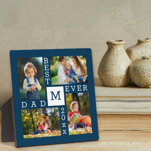 Custom 4 Photo Collage Best Dad Ever Dark Blue Plaque