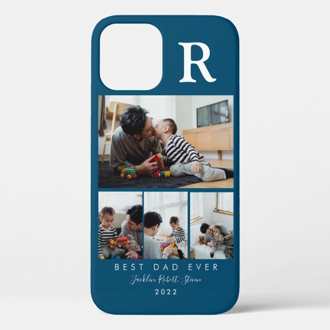 Custom 4 Photo Collage Best Dad Ever Monogrammed Case-Mate iPhone Case (Back)