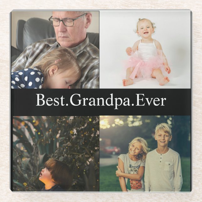 Custom 4 Photo Collage Best Grandpa Ever Glass Coaster (Front)