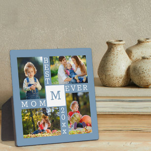 Custom 4 Photo Collage Best Mum Ever Blue & White Plaque
