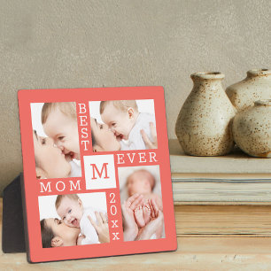 Custom 4 Photo Collage Best Mum Ever Coral & White Plaque