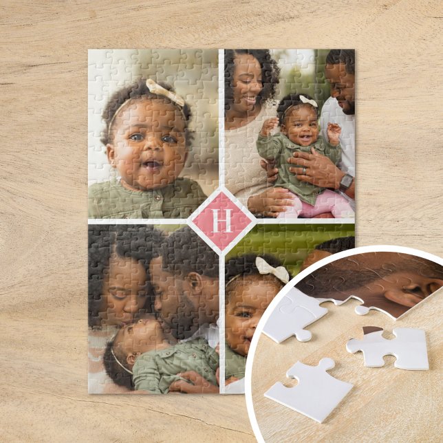 Custom 4 Photo Collage Family Monogram | Coral Jigsaw Puzzle (Creator Uploaded)