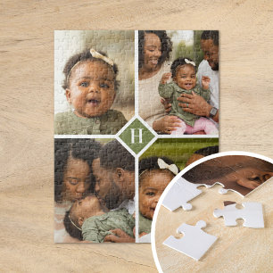 Custom 4 Photo Collage Family Monogram   Olive Jigsaw Puzzle