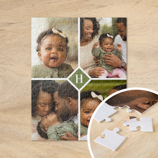Custom 4 Photo Collage Family Monogram | Olive Jigsaw Puzzle (Creator Uploaded)