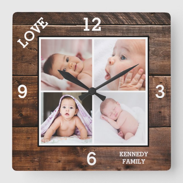 Custom 4 Photo Collage Family Name Love Dark Wood Square Wall Clock (Front)