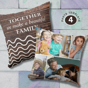 Custom 4 Photo Collage Family Quote Rustic Wood Cushion